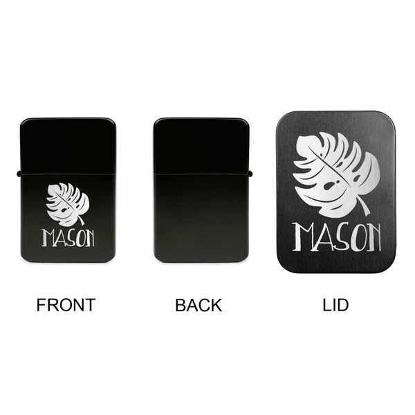 Tropical Leaves #2 Windproof Lighters - Black, Single Sided, w Lid - APPROVAL