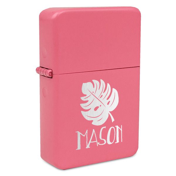 Custom Tropical Leaves #2 Windproof Lighter - Pink - Single Sided & Lid Engraved (Personalized)