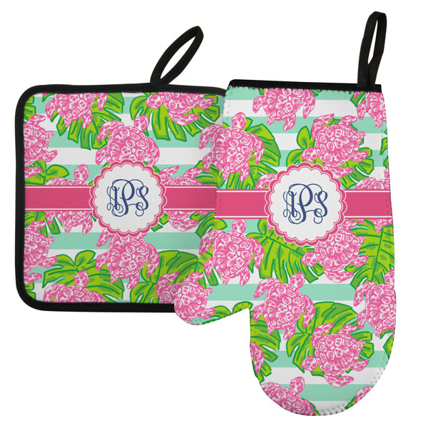 Custom Preppy Left Oven Mitt & Pot Holder Set w/ Monogram