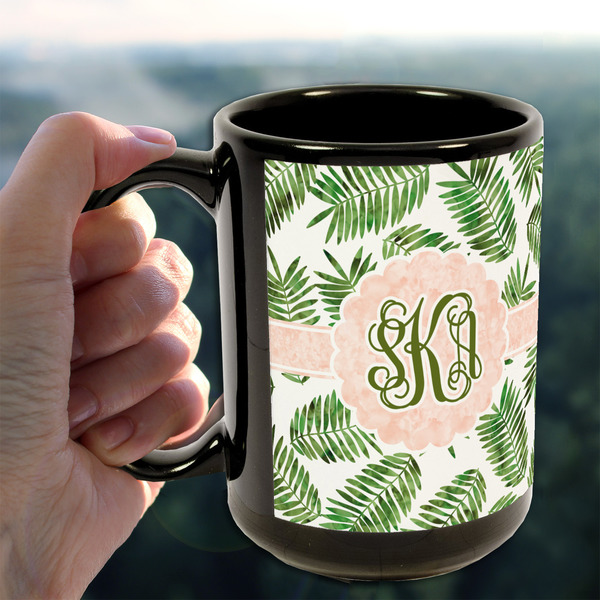 Tropical Leaves 15oz. Black Mug - LIFESTYLE