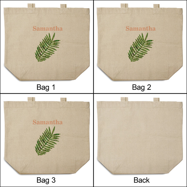Tropical Leaves 3 Reusable Cotton Grocery Bags - Front & Back View