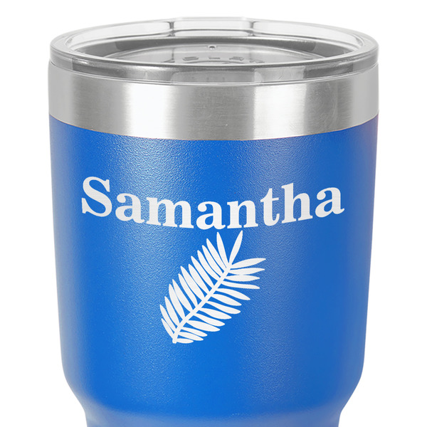 Tropical Leaves 30 oz Stainless Steel Ringneck Tumbler - Blue - Close Up