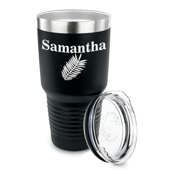 Tropical Leaves 30 oz Stainless Steel Ringneck Tumblers - Black - LID OFF