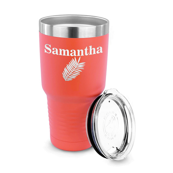 Tropical Leaves 30 oz Stainless Steel Ringneck Tumblers - Coral - LID OFF
