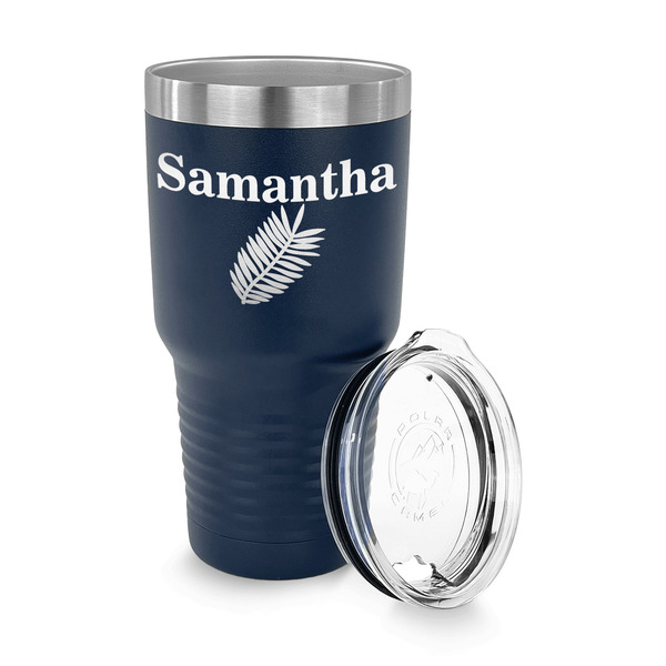Tropical Leaves 30 oz Stainless Steel Ringneck Tumblers - Navy - LID OFF