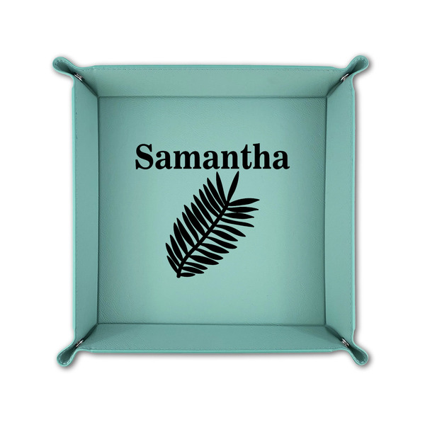 Tropical Leaves 6" x 6" Teal Leatherette Snap Up Tray - FOLDED UP