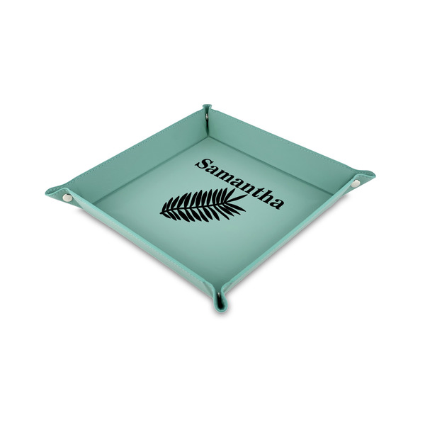 Custom Tropical Leaves Faux Leather Dice Tray - 6" x 6" - Teal (Personalized)