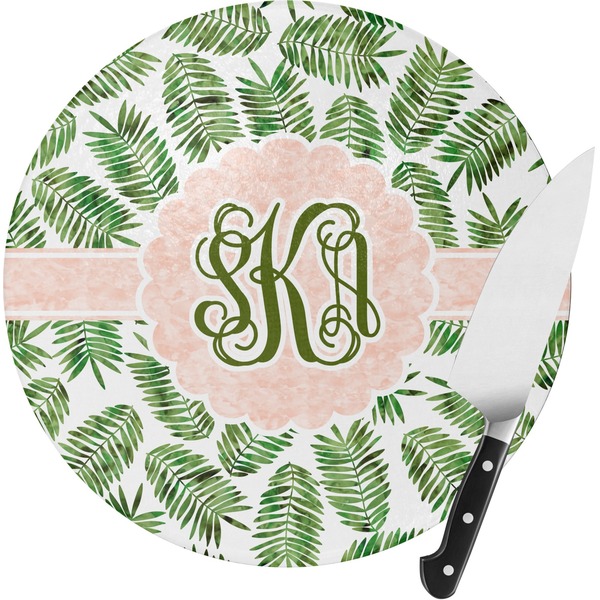 Custom Tropical Leaves Round Glass Cutting Board - Small (Personalized)