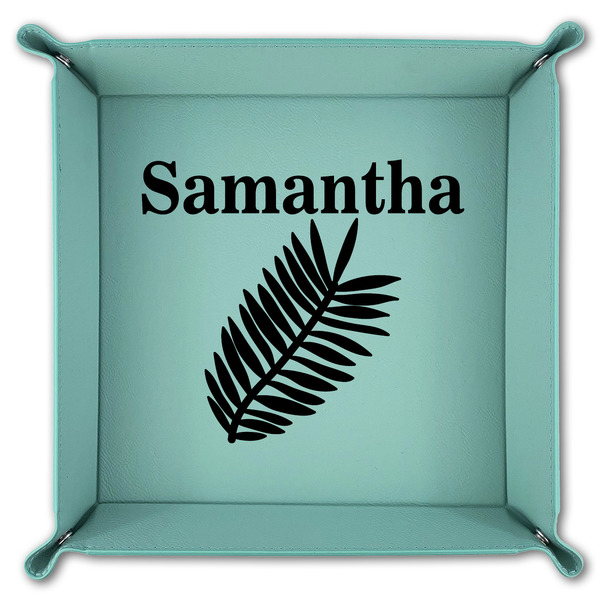 Tropical Leaves 9" x 9" Teal Leatherette Snap Up Tray - FOLDED