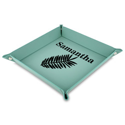 Tropical Leaves 9" x 9" Teal Faux Leather Valet Tray (Personalized)