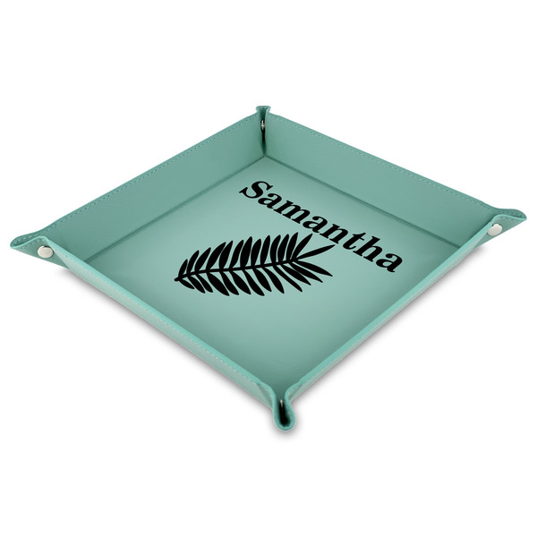 Custom Tropical Leaves Faux Leather Dice Tray - 9" x 9"  - Teal (Personalized)