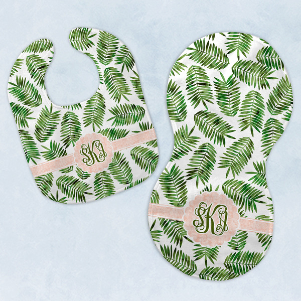 Custom Tropical Leaves Baby Bib & Burp Set w/ Monogram