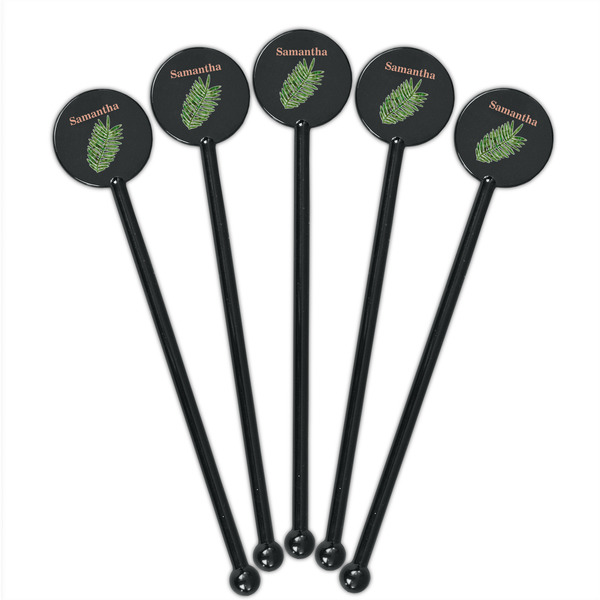Tropical Leaves Black Plastic 5.5" Stir Stick - Round - Fan View