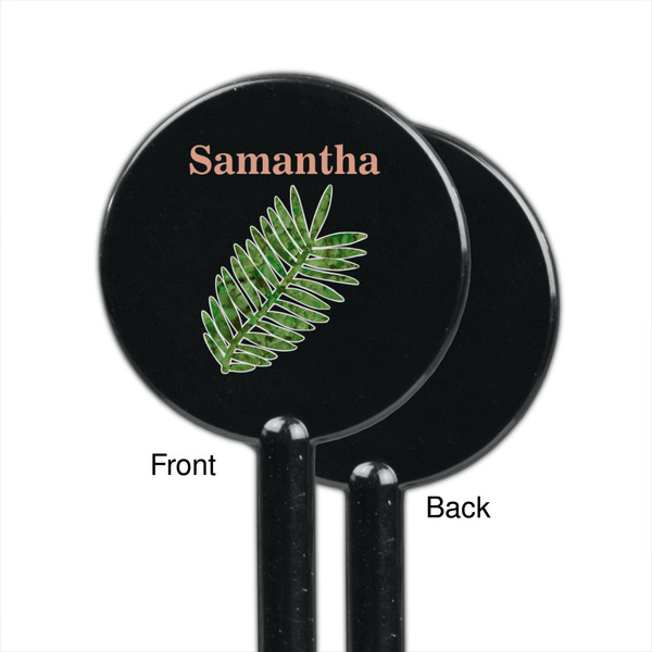 Tropical Leaves Black Plastic 5.5" Stir Stick - Single Sided - Round - Front & Back