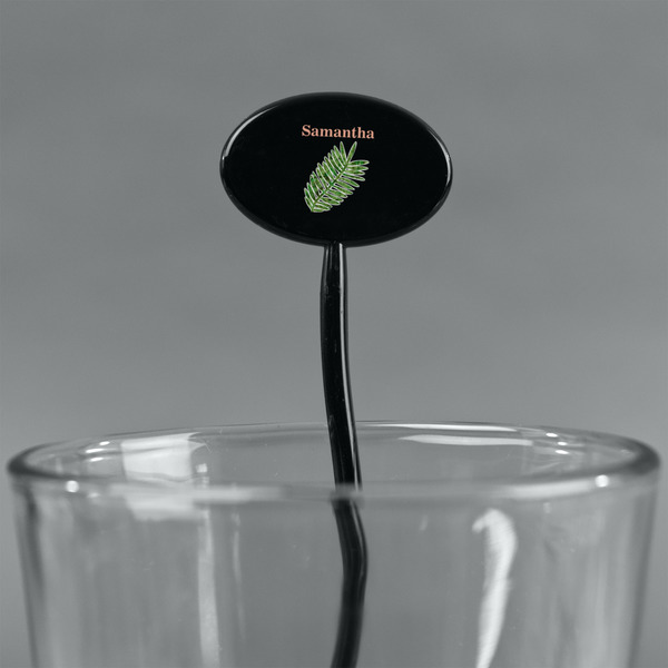 Tropical Leaves Black Plastic 7" Stir Stick - Oval - Main