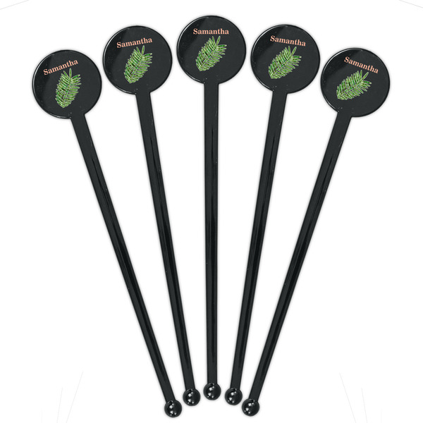 Tropical Leaves Black Plastic 7" Stir Stick - Round - Fan View