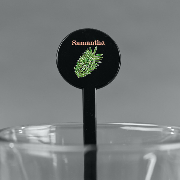 Tropical Leaves Black Plastic 7" Stir Stick - Round - Main