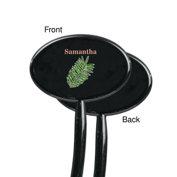 Tropical Leaves Black Plastic 7" Stir Stick - Single Sided - Oval - Front & Back