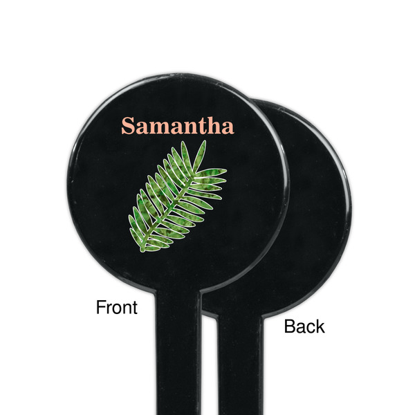 Tropical Leaves Black Plastic 7" Stir Stick - Single Sided - Round - Front & Back
