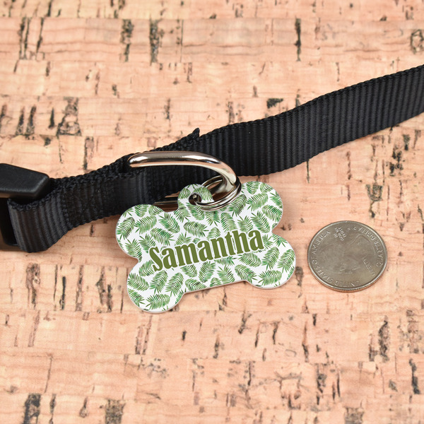 Tropical Leaves Bone Shaped Dog ID Tag - Large - In Context