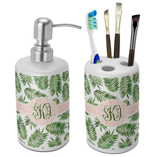 Custom Tropical Leaves Ceramic Bathroom Accessories Set (Personalized)