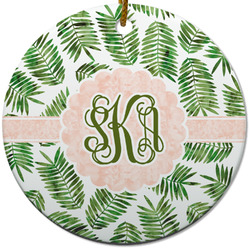 Tropical Leaves Round Ceramic Ornament w/ Monogram