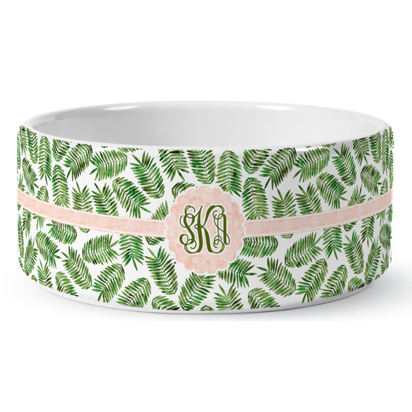 Custom Tropical Leaves Ceramic Dog Bowl - Large (Personalized)