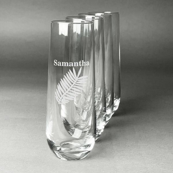 Custom Tropical Leaves Champagne Flute - Stemless Engraved - Set of 4 (Personalized)