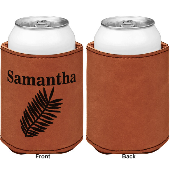 Tropical Leaves Cognac Leatherette Can Sleeve - Single Sided Front and Back