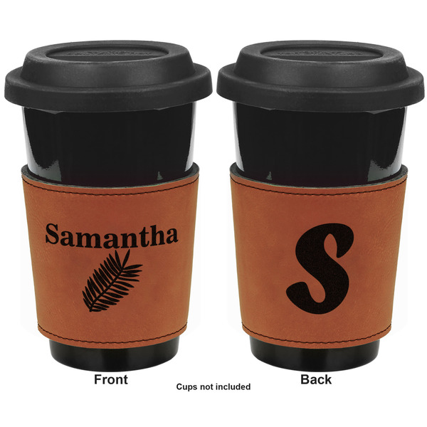 Tropical Leaves Cognac Leatherette Mug Sleeve - Double Sided Apvl