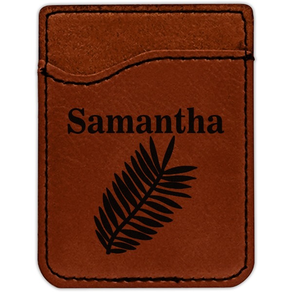 Tropical Leaves Cognac Leatherette Phone Wallet close up