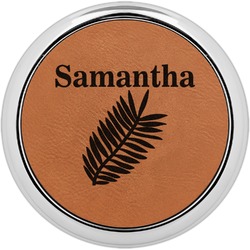 Tropical Leaves Leatherette Round Coaster w/ Silver Edge - Single or Set (Personalized)