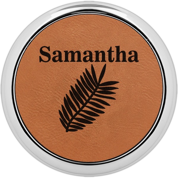 Custom Tropical Leaves Set of 4 Leatherette Round Coasters w/ Silver Edge (Personalized)