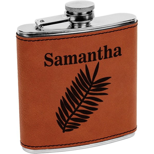 Custom Tropical Leaves Leatherette Wrapped Stainless Steel Flask (Personalized)