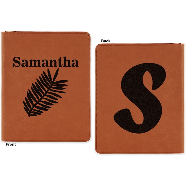 Tropical Leaves Cognac Leatherette Zipper Portfolios with Notepad - Double Sided - Apvl