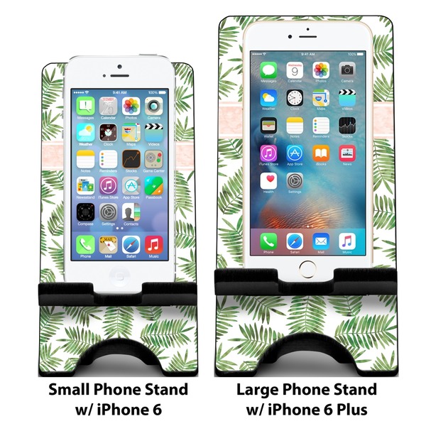 Tropical Leaves Compare Phone Stand Sizes - with iPhones