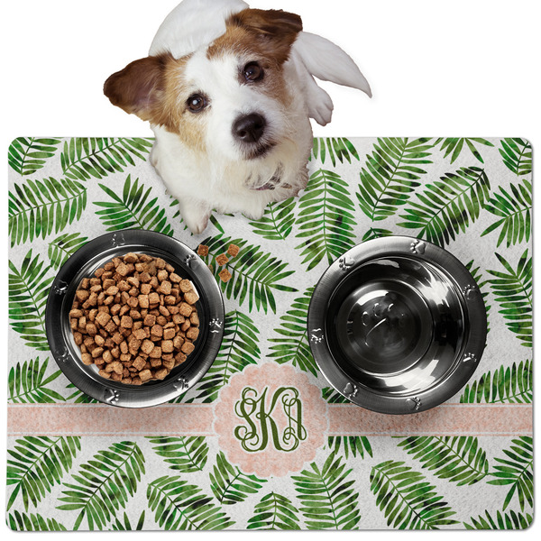 Custom Tropical Leaves Dog Food Mat - Medium w/ Monogram