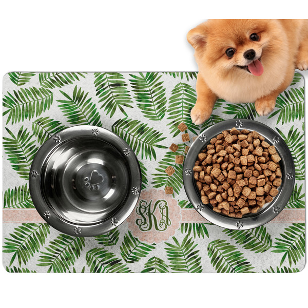 Custom Tropical Leaves Dog Food Mat - Small w/ Monogram