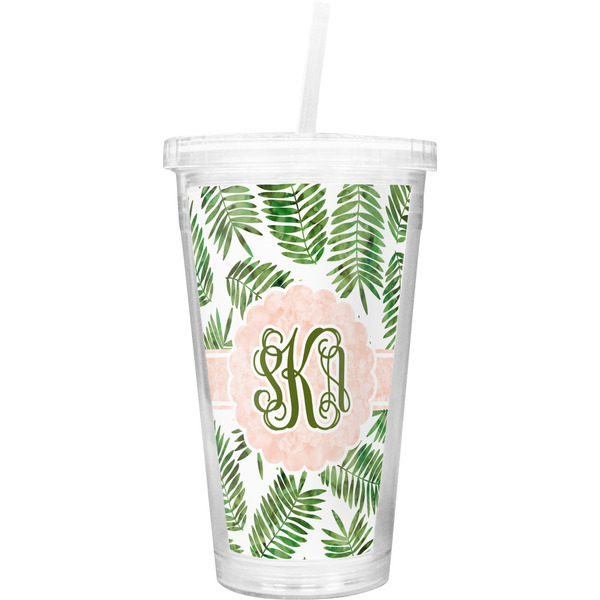 Custom Tropical Leaves Double Wall Tumbler with Straw (Personalized)