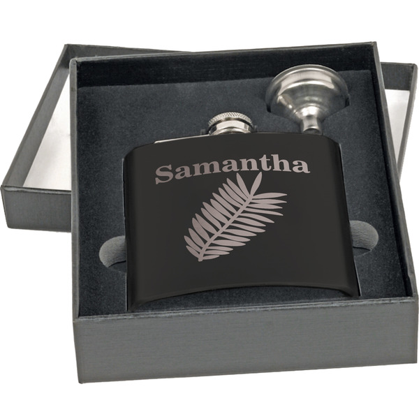 Tropical Leaves Engraved Black Flask Gift Set