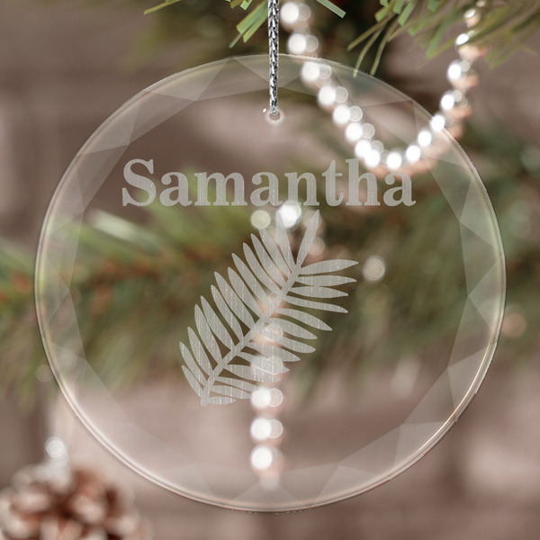 Custom Tropical Leaves Engraved Glass Ornament (Personalized)