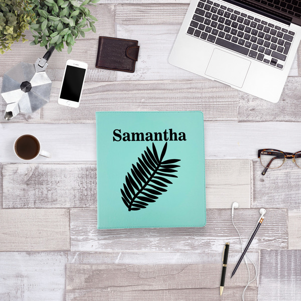 Tropical Leaves Leather Binder - 1" - Teal - Lifestyle View
