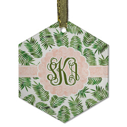 Tropical Leaves Flat Glass Ornament - Hexagon w/ Monogram