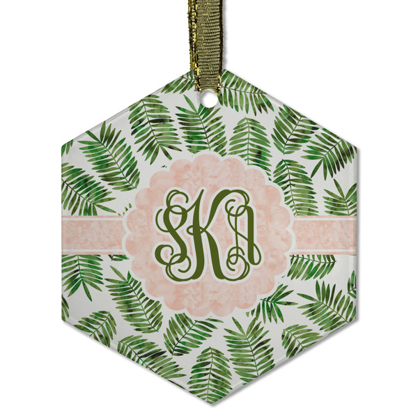 Custom Tropical Leaves Flat Glass Ornament - Hexagon w/ Monogram