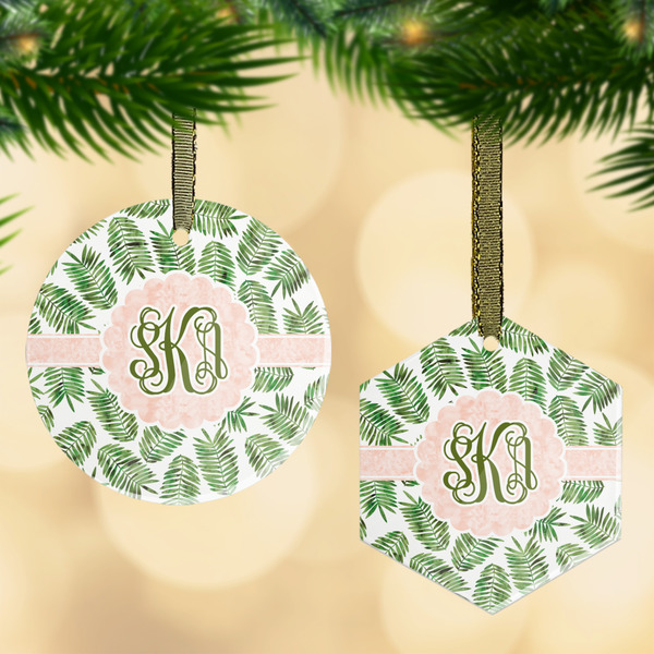 Custom Tropical Leaves Flat Glass Ornament w/ Monogram