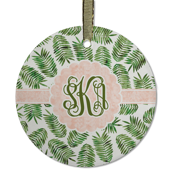Custom Tropical Leaves Flat Glass Ornament - Round w/ Monogram