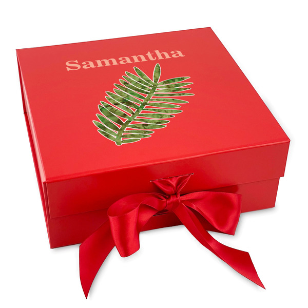 Custom Tropical Leaves Gift Box with Magnetic Lid - Red (Personalized)