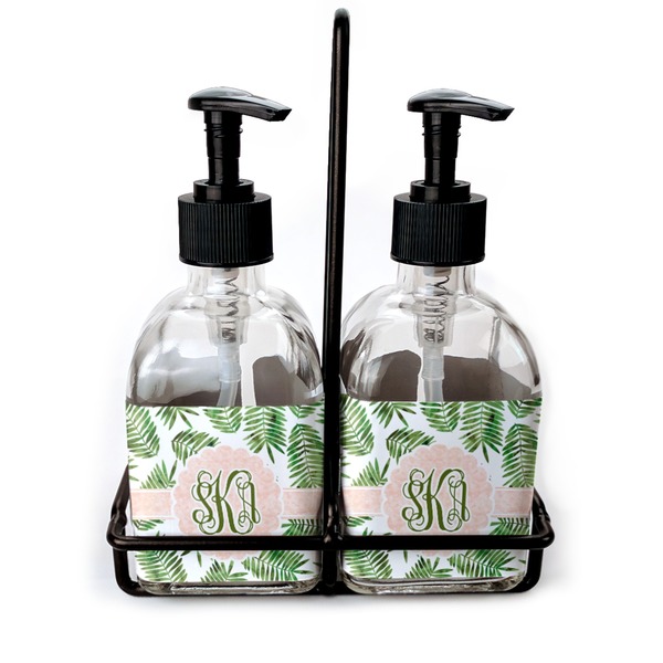 Custom Tropical Leaves Glass Soap & Lotion Bottle Set (Personalized)
