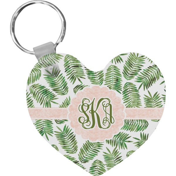 Custom Tropical Leaves Heart Plastic Keychain w/ Monogram
