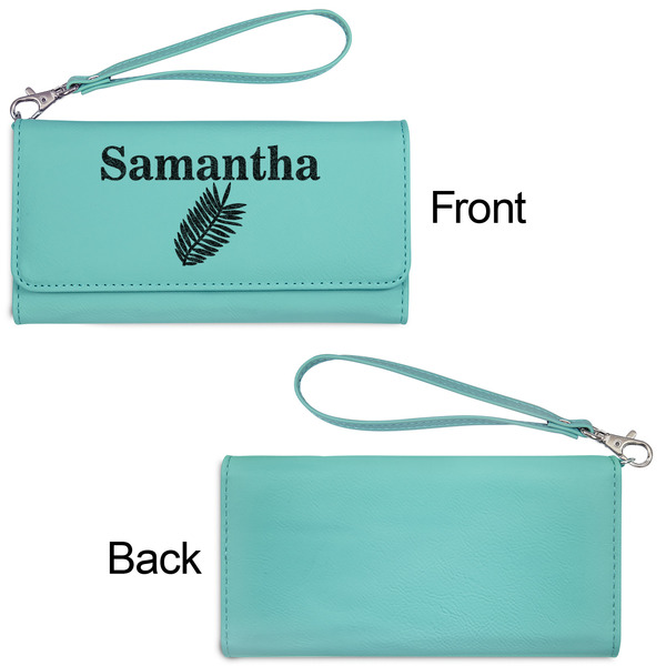 Tropical Leaves Ladies Wallets - Faux Leather - Teal - Front & Back View